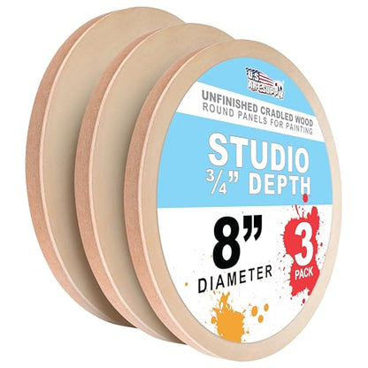 U.S. Art Supply 8" Round Unfinished Cradled Wood Panels for Painting | Studio 3/4" Deep (3 Pack) - Artist Depth Wooden Wall Canvases - Mixed-Media Craft, Acrylic, Oil, Encaustic, Paint Pouring - size: 8", style: Round Studio Depth