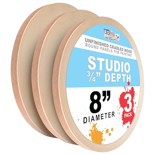 U.S. Art Supply 8" Round Unfinished Cradled Wood Panels for Painting | Studio 3/4" Deep (3 Pack) - Artist Depth Wooden Wall Canvases - Mixed-Media Craft, Acrylic, Oil, Encaustic, Paint Pouring - size: 8", style: Round Studio Depth