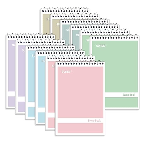 SUNEE 12 Pack Steno Pads 6x9 Inch, Gregg Rule, 60 Sheets, 6 Assorted Color Top Spiral Notebook, White Paper for School, University, College, Work and Office