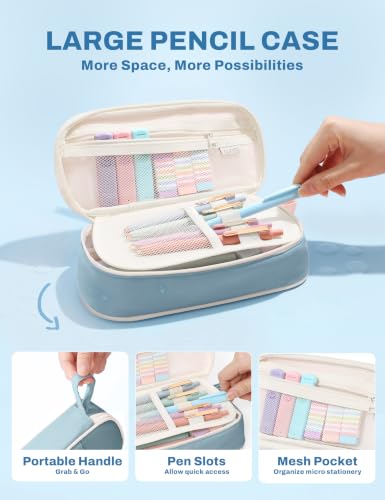 SUNEE Pencil Case with Supplies, 54PCS Aesthetic Stationery Set with 8 Pastel Highlighters, 8 Gel Pens Black Ink, 6 Mechanical Pencils, Back to School, College Essentials for Students, Blue - color: Blue, style: 54 Pack