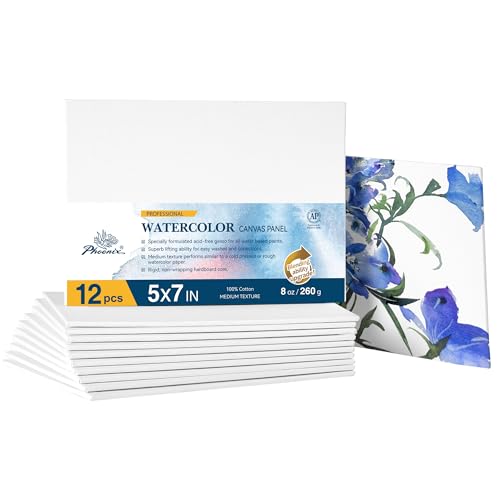 PHOENIX Watercolor Canvas Boards for Painting - 5x7 Inch/6 Pack, 100% Cotton Water Color Small Canvas Panels, 8 Oz. / 260g White Blank Medium Texture Flat Canvases for Water Based Paints - size: 5"x7", style: Canvas Panel