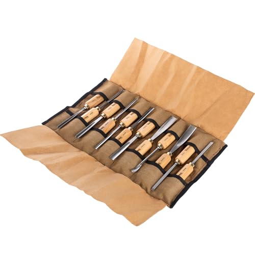 12-Piece Wood Carving Chisel Tools Set, Sharp CR-V Steel Blades | Precision woodworking tool kit with ash handles & canvas bag. Razor sharp 60CR-V blades for beginners and professionals - size: 12-Piece with Ash Handle
