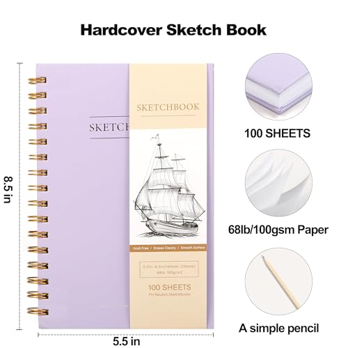 Yoment Small Sketch Book 5.5"x8.5",Mini Sketchbook,Spiral Bound,200 Sheets | Purple,2-Pack,68 lb/100gsm Hardcover Sketch Pad for Kids,Art Sketchbook Drawing Pad Book with Pencil,For Beginners,Artists - color: Purple 2, size: 5.5 x 8.5