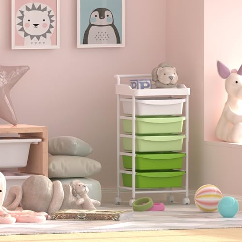 5 Drawers Plastic Rolling Storage Cart with Wheels, Teacher Supply - color: Green