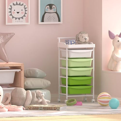 5 Drawers Plastic Rolling Storage Cart with Wheels, Teacher Supply - color: Green
