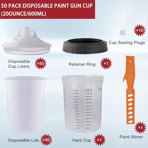 Disposable Paint Sprayer Gun Cup 27 Ounce(800ML) Kit with 50 Cups and Lids System, 1 Hard Cup with Retainer Ring, 10 Plugs and 1 Paint Stirrer for Automotive Commercial Coatings - size: 27 Ounce Kit-50PCS