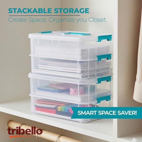 Tribello Craft Box & Art Supply Storage Organizer – Stackable Art Organizer and Craft Storage Box with Handle, 2-Layer Clear Art Supplies Organizer (14 x 10 x 7)