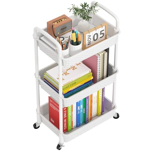 MOYIPIN 3-Tier Plastic Rolling Utility Cart with Handle,Utility Storage Cart for Office, Living Room, Kitchen,Movable Storage Organizer Shelves,White | Utility Storage Cart for Office, Living Room, Kitchen,Movable Storage Organizer，Easy installation，Ratta