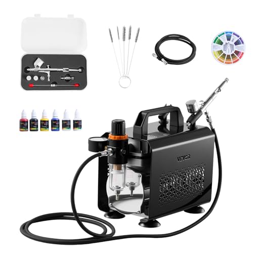 VEVOR Airbrush Kit, 1/6 HP, Air Brush Kit with Air Compressor, 1 Dual-Action Professional Airbrush with 3 Tips, Hose, Acrylic Paint, Brush, Low Noise, for Cake Decorating, Model Painting, Nail Art - color: 4 Paint Colors Set