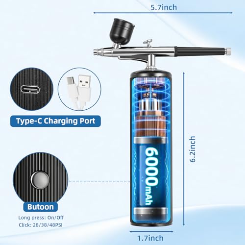 Airbrush Kit with Compressor, Cordless Airbrush for Nails | 6000mAh 48PSI High Pressure, 3-Speed Dual-Action, 0.2/0.3/0.5mm Nozzle & 3 Cups, Non-Clogging for Nails Cake Decor Makeup