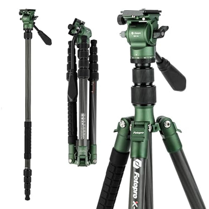 Fotopro 62" Carbon Fiber Travel Tripod, Lightweight Compact Video Tripods with Fluid Head, Detachable Monopod with Arca-Swiss Quick Release Plate and Bag, Camera Tripod Load up to 8KG/17.63lbs, Green - color: Green, size: 62" Video (Carbon Fiber)