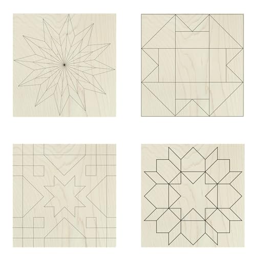 9" Barn Quilt Kit Set of 4 | Starburst, Aesthetic, Cottage Chic Star, Swoon | DIY Pattern Unfinished Wood Quilting Block Sign Paintable Crafts for Women, Children, Men, Party - size: 9 inches (set of 4), style: Starburst, Aesthetic Triangles, Cottage Chic