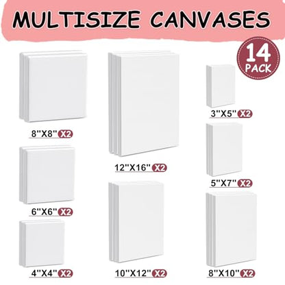 14 Packs Stretched Canvas for Painting, MultiSize 12x16, 10x12, 8x10, 5x7, 8x8, 6x6, 4x4 (2 of Each), Primed Blank Canvas for Oil, Acrylic Paint,for Beginner, Artist. - size: 14Pack-MultiSize Canvas