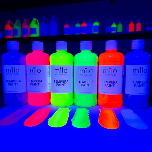 milo Fluorescent Washable Tempera Paint Set, 6 Neon UV Colors, 16oz Bottles | Glows UV in Black Light, Made in USA, Safe & Non-Toxic Paint for Arts & Crafts, Poster, Window, Classroom, School, Project - style: Fluorescent Tempera 6 x 16 oz