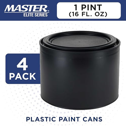 Master Elite 1 Pint Empty Plastic Paint Can Bucket, Pack of 4 - Triple Lock Airtight Lid Seal, 16 fl. oz. All-Plastic Coating Storage Container Can - Pail Handle, Dent & Rust Proof, Odor Resistant - size: Pint