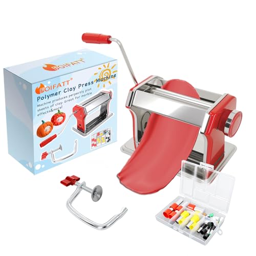 Polymer Clay Press Machine, Clay Conditioning Roller, 6 Thickness Settings | 40 PCS Cutters & Molds, Stainless Steel Clay Mixer, Non-Stick Pasta Roller for Handmade Jewelry, Sculpting & DIY Crafts - color: Red Clay Press