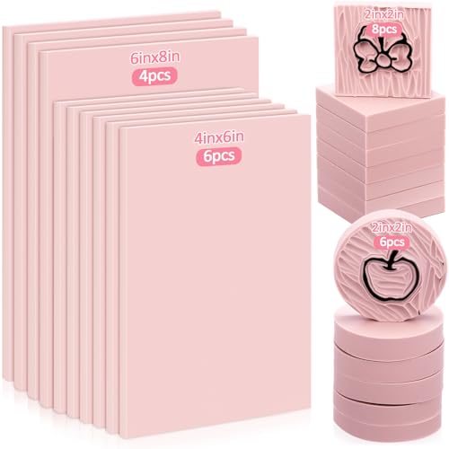 Innconee 24 Pcs Rubber Stamp Carving Blocks Pink Rubber Carving Blocks Round Square Rectangle Making Kit for Stamp Crafts and DIY Project