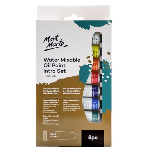 Mont Marte Oil Paint Set Water Mixable 8x18ml, Titanium White,Mid Yellow,Orange,Cadmium Red,Phthalo Green,Cobalt Blue,Ultramarine Violet,Ivory Black