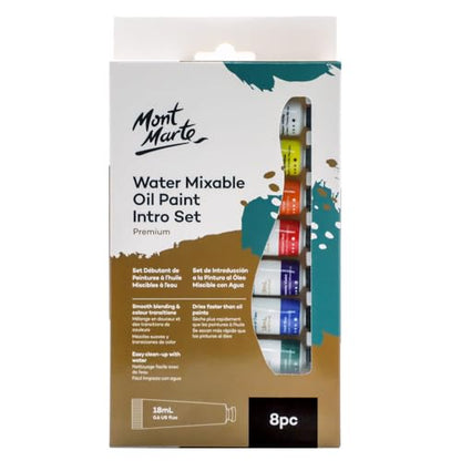 Mont Marte Oil Paint Set Water Mixable 8x18ml, Titanium White,Mid Yellow,Orange,Cadmium Red,Phthalo Green,Cobalt Blue,Ultramarine Violet,Ivory Black