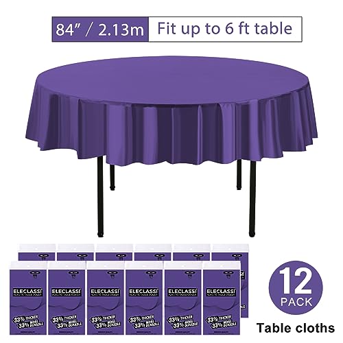 Eleclassi Purple 12 Pack Premium Round Disposable Tablecloth - 84 Inch Round Plastic Table Cloths for Parties - color: Purple, size: 12 Pack Round