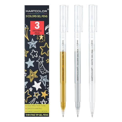 MARTCOLOR Gold Silver White Gel Pens, 3 Pack 1mm Opaque Archival Ink Pen | Fine Point Gel Ink Pens for Black Paper Drawing, Art Highlight, Illustration, Bullet Journaling, Card Making & DIY Projects - color: Multicolor