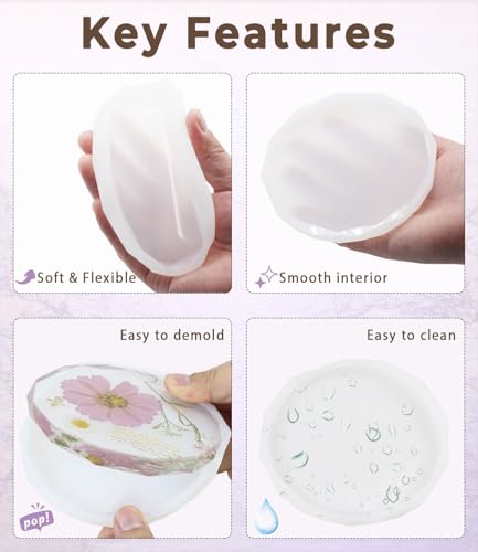 Resin Coaster Molds, 4 Pack Diamond Edge Round Molds for Resin Casting, Silicone Coaster Molds for Epoxy Resin