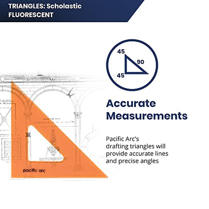 Pacific Arc's Scholastic Triangle - 12 inch - Fluorescent - 45/90 Angle - Polystyrene - Inking Edge - Technical Drawing Tools, Drafting, Architect and Engineering. - style: 12 inch, 45/90