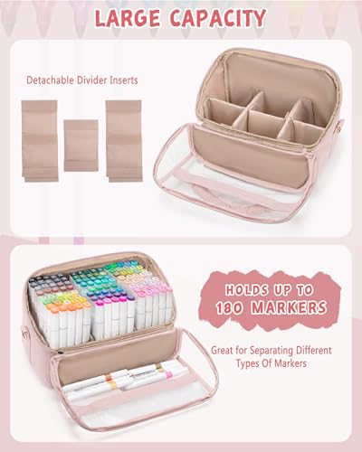 Marscamd Quilted Marker Organizer Case Holds 180 Markers, Marker Storage Organizer Bag with Dividers and Detachable Crossbody Strap, Pink - color: Pink