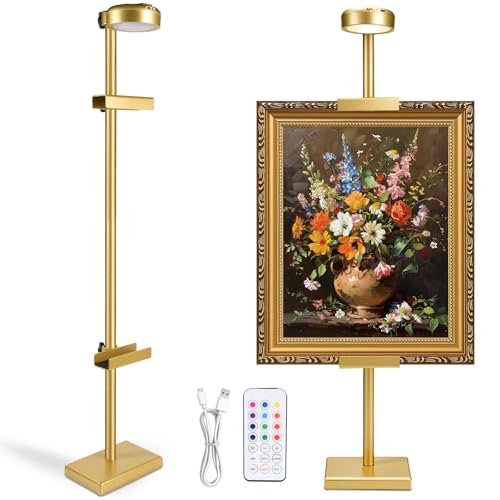 30'' Adjustable Tabletop Easel Stand with Rechargeable 13RGB Poster Light | Picture Frame Light, Picture Easels for Display,Gold Metal Picture Frame Holder Stand for Artwork, Photo,Sign. - color: Gold