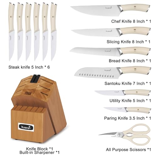 Kuisine Kitchen Knife Set,High Carbon Stainless Steel Ultra Sharp Blade Ergonomic Handle,Knife Block Set with Built-in Sharpener,Elegant Gift for Holiday(Irovy-Acacia,15PCS) - color: Pro Max Acacia Wood, size: 15 pieces