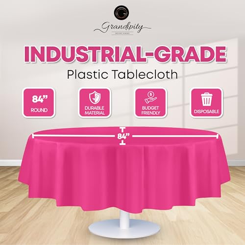 Grandipity Plastic Table Cloth Disposable 12 Pack 84" Round Hot Pink | Plastic table covers, durable disposable tablecloths, fade and tear-resistent table cover for party, event - color: Hot Pink, size: 84in. Round