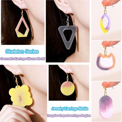 104Pcs Geometric Resin Earring Molds Kit, Flower Shaped Earrings Silicone Mold for Epoxy Resin Dangle Drop Jewelry Molds Making Kit with 100 Earring Hook for Earrings Necklace Pendants (Irregular) - color: Irregular