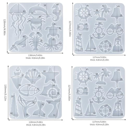 4 Piece Resin Earring Molds, Ocean Life Jewelry DIY Silicone Molds UV Resin Jellyfish Shell Starfish Earrings Keychain Lighthouse Ship Wheel Necklace Pendant Craft Supplies - color: Ocean
