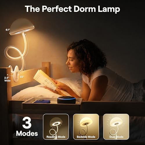 Shroommate Dorm Room Essential Clip On Bed Light - Headboard and Bedside Table Lamp, Flexible Reading Lamp, Night Light for Kids Nursery, Clip on for Desk, MultiColor LEDs, Adapter Included (White) - color: White, size: Shroommate