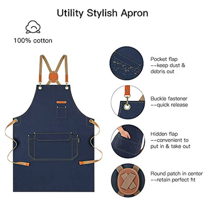 Chef Apron with Cross Back Straps for Men Women, Cotton Canvas Apron for Artists Painting, Kitchen Cooking - color: Navy Blue