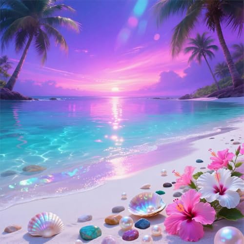 Dreamy Diamond Painting Kits for Adults, Beach Sunset Ocean 5D Diamond Art Kits for Adults Beginner, DIY Full Drill Round Diamond Painting Landscape Art for Home Wall Decor 13.8x13.8 Inch - color: Beach Sunset
