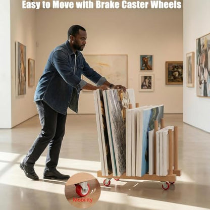 Artwork Storage Rack with Brake Caster Wheels,Art Drying Rack, Canvas Storage Rack,Wood Storage Stand for Drawing Board, Prints, Perfect for Studios,Galleries, Museums, Art Venues (12in) - size: Small