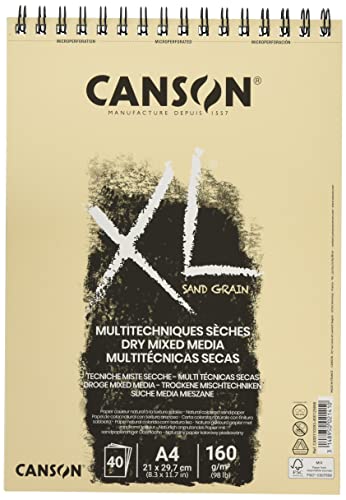 CANSON XL Sand Grain Dry Mixed Media 160gsm Natural-Coloured Paper A4 Landscape Drawing Pad with Sandpaper-Like Finish, Spiral-bound with 40 Sheets, Ideal for Professional Artists & Students - size: SPIRAL NAT 40S A4