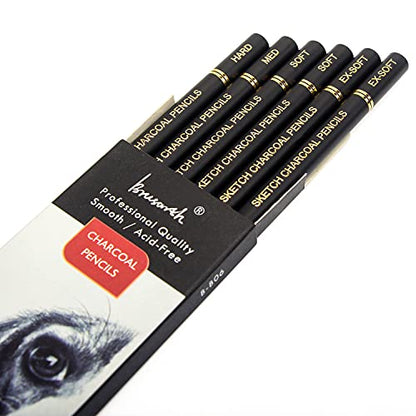 Brusarth Professional Charcoal Pencils Drawing Set - 6 Pieces Soft Medium and Hard Charcoal Pencils for Drawing, Sketching, Shading | Soft Medium and Hard Charcoal Pencils for Drawing, Sketching, Shading, Charcoal Pencils for Beginners & Artists - color: