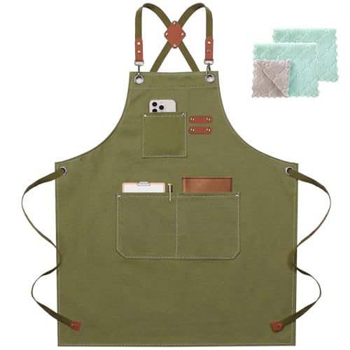 ZOMAO Chef Apron for Women Men with Large Pockets, Cotton Canvas Cross Back Waterproof Work Aprons for Kitchen Cooking Bib - color: Greygreen