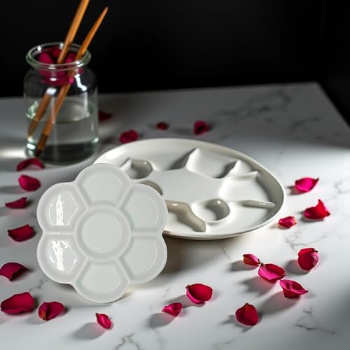 2Pcs White Porcelain Watercolor Palette - Washable Ceramic Paint Tray with Non-Stick Surface, Professional Artist-Grade Mixing Palette for Studio and Outdoor Painting