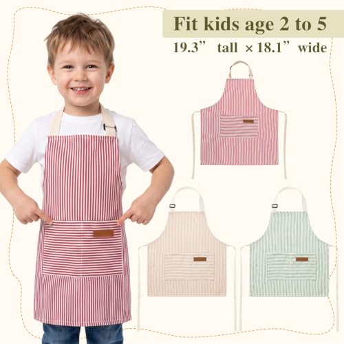 3 Pack Stripes Kids Apron, Adjustable Kids Cooking Aprons with 2 Pockets, Cute Chef Baking Aprons for Boys and Girls - color: Pink + Green + Khaki, size: 45x50cm