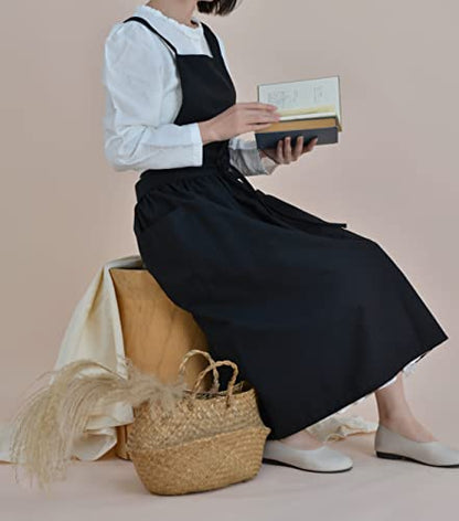 VLZUFE Women Cotton Linen Cross Back Apron with Pockets for Gardening Works Pinafore Dress Black - color: Black