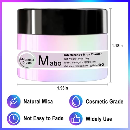 Matio Interference Mica Powder, 1.06oz/ 30g Ghost Blue Chrome Powder | Pearlescent Effect Color Shift Pigment for Epoxy Resin Shimmer, Nail Polish,Soap Dye,Candle Making,Paint - color: Ghost Blue