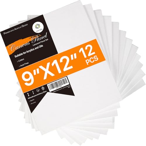 CONDA Artist Canvas Panels 9 x 12 inch, 12 Pack, Primed, 100% Cotton, Artist Quality Acid Free Canvas Board for Painting Watercolor & Oil - size: 9" x 12"