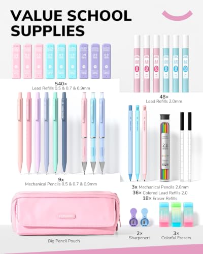 Four Candies 36PCS Mechanical Pencil Set with 624 Lead Refills (Light Pink) - color: Light Pink
