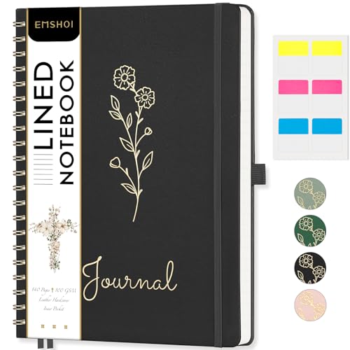 EMSHOI Lined Spiral Journal Notebook, 110 Numbered Pages, A4 (8.2" x 11.2") - color: Black, style: A4 Lined