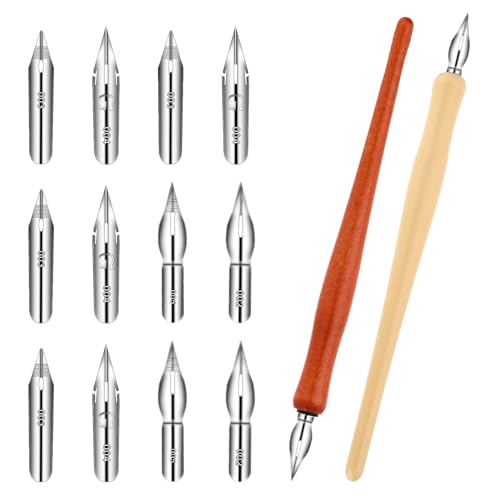 Piriuuo 14 Pcs Dip Pen Set Nib Pen Holder Comic Pen Nib Set G Pen Ink Nib Calligraphy Pen Nibs Wooden Drawing Pen Holder with Stainless Steel Pen Nibs Dip Pens for Writing, Painting, Signing