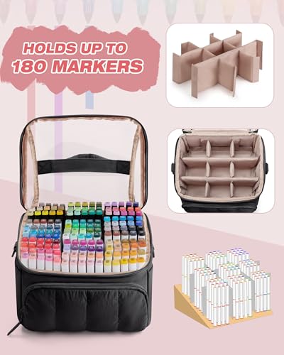 Marscamd Quilted Marker Organizer Case Holds 180 Markers, Marker Storage Organizer Bag with Dividers and Multiple Pockets (Bag Only), Black - color: Black
