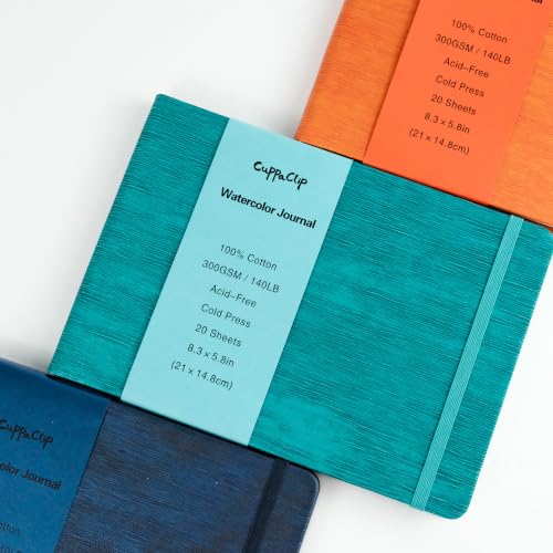 CuppaClip Leather Watercolor Journal, 300gsm/140lb 100% Cotton Cold Press Paper, 20 Sheets Acid-Free Travel Sketchbook–Professional Art Notebook for Painting, Drawing, Travel (Blue, 8.3x5.8in) - color: Blue, size: 8.3x5.8in